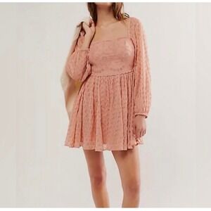 Free People Malina Eyelet Mini Dress pink Embroidered Smocked Back Long Sleeve